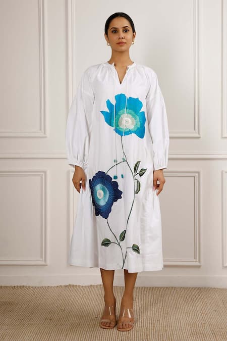 Betrue_White Cotton Split V-neck Blue Floral A-line Dress _Online_at_Aza_Fashions