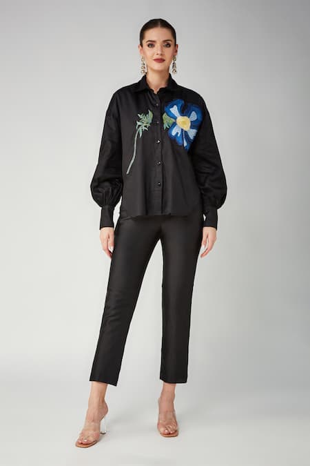 Betrue Black Cotton Embroidery Collared Blue Poppy Oversized Shirt Online at Aza Fashions Betrue_Black Cotton Embroidery Collared Blue Poppy Oversized Shirt _Online_at_Aza_Fashions