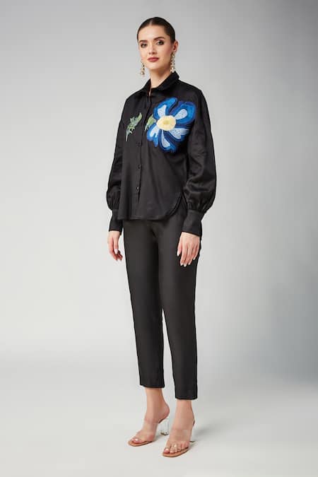 Buy Betrue Black Cotton Embroidery Collared Blue Poppy Oversized Shirt Online at Aza Fashions Buy_Betrue_Black Cotton Embroidery Collared Blue Poppy Oversized Shirt _Online_at_Aza_Fashions