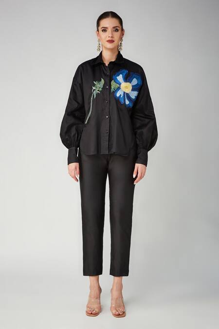 Shop Betrue Black Cotton Embroidery Collared Blue Poppy Oversized Shirt Online at Aza Fashions Shop_Betrue_Black Cotton Embroidery Collared Blue Poppy Oversized Shirt _Online_at_Aza_Fashions