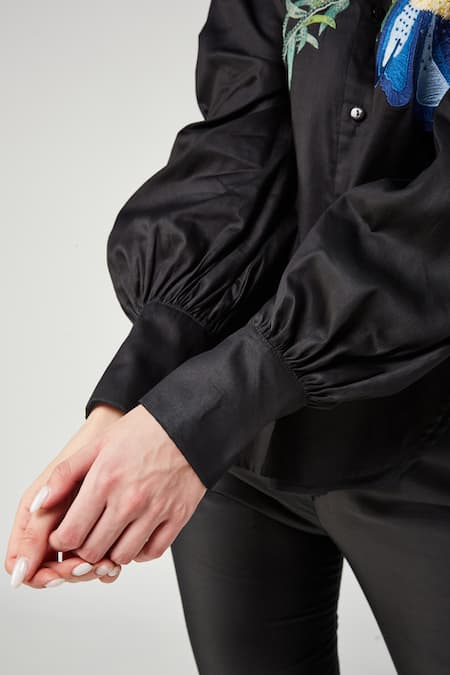 Betrue Black Cotton Embroidery Collared Blue Poppy Oversized Shirt at Aza Fashions Betrue_Black Cotton Embroidery Collared Blue Poppy Oversized Shirt _at_Aza_Fashions