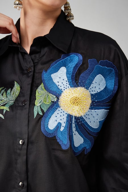 Buy Betrue Black Cotton Embroidery Collared Blue Poppy Oversized Shirt Buy_Betrue_Black Cotton Embroidery Collared Blue Poppy Oversized Shirt