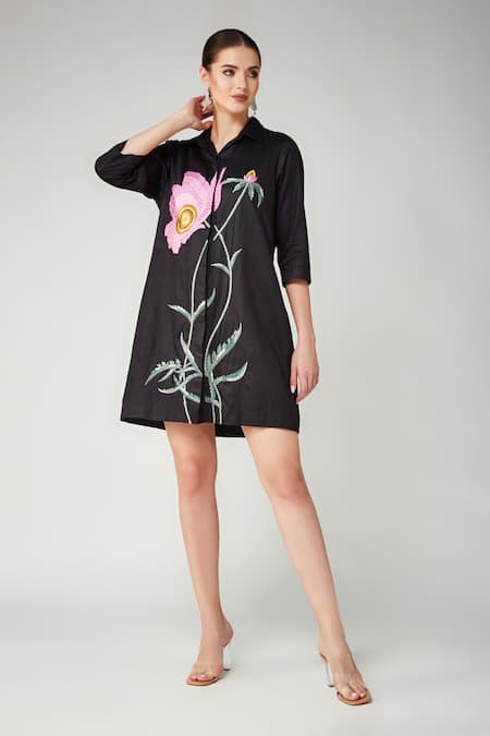 Betrue_Black Cotton Embroidery, Sequins Collared, V-neck Pink Poppy Shirt Dress _Online_at_Aza_Fashions