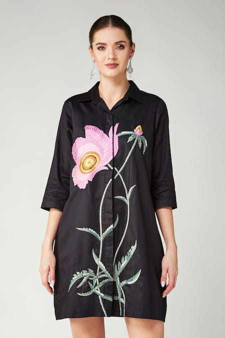 Buy_Betrue_Black Cotton Embroidery, Sequins Collared, V-neck Pink Poppy Shirt Dress _Online_at_Aza_Fashions