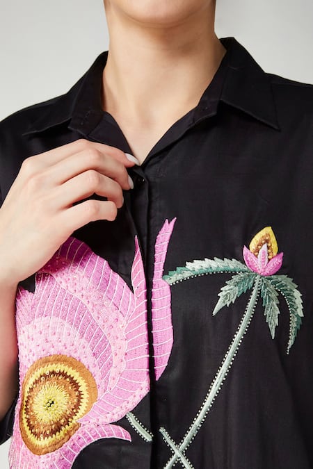 Shop_Betrue_Black Cotton Embroidery, Sequins Collared, V-neck Pink Poppy Shirt Dress _Online_at_Aza_Fashions