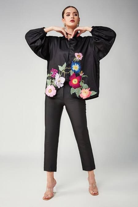 Betrue_Black Cotton Embroidery, Beads, Sequins Collared Full Bloom Shirt _Online_at_Aza_Fashions