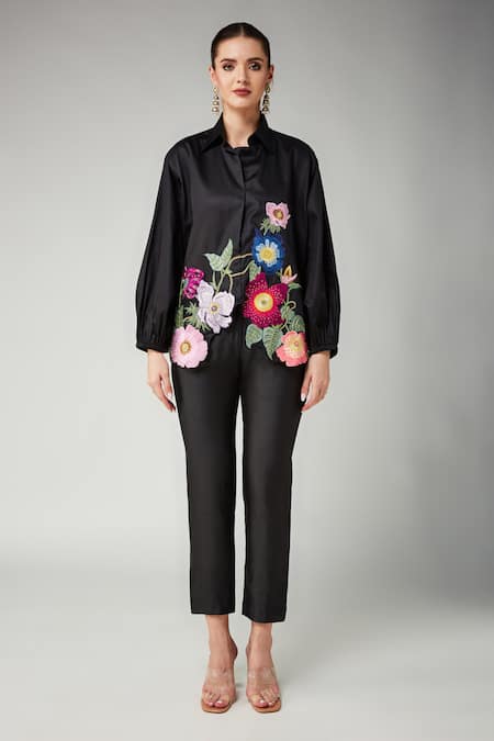 Buy_Betrue_Black Cotton Embroidery, Beads, Sequins Collared Full Bloom Shirt _Online_at_Aza_Fashions