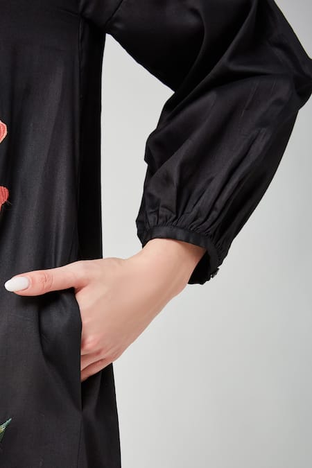 Betrue_Black Cotton Embroidery, Sequins, Beads Round Neck, Peach Floral A Line Dress _Online_at_Aza_Fashions