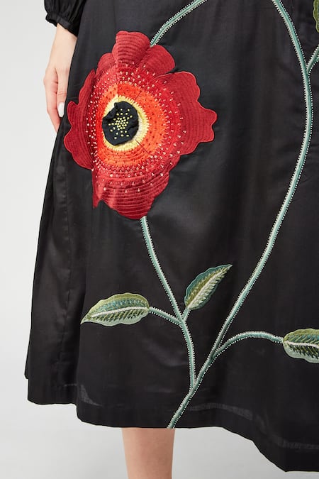 Shop_Betrue_Black Cotton Embroidery, Sequins, Beads Round Neck, Peach Floral A Line Dress _Online_at_Aza_Fashions