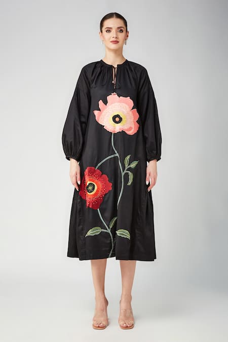 Buy_Betrue_Black Cotton Embroidery, Sequins, Beads Round Neck, Peach Floral A Line Dress 