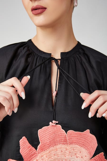 Shop_Betrue_Black Cotton Embroidery, Sequins, Beads Round Neck, Peach Floral A Line Dress 