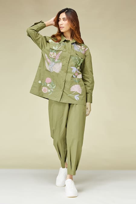 Betrue_Green Cotton Embroidery Collared Floral Khaki Shirt _Online_at_Aza_Fashions