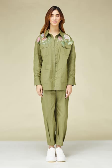 Betrue_Green Cotton Embroidery Collared Khaki Everyday Shirt _Online_at_Aza_Fashions
