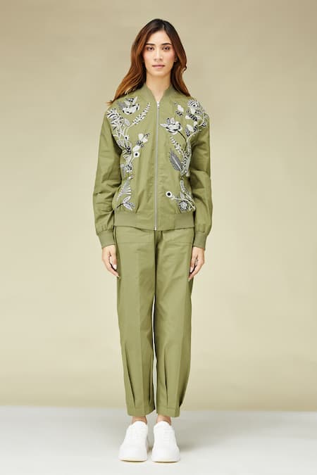 Betrue_Green Cotton Embroidery Round Neck Khaki Everyday Jacket _Online_at_Aza_Fashions