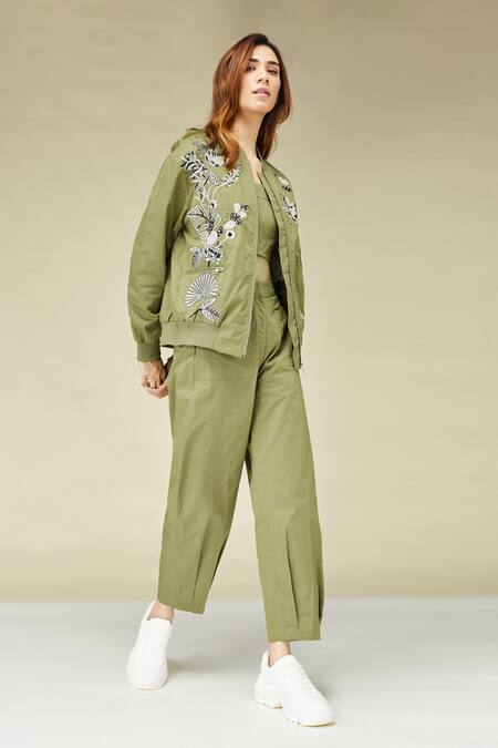 Buy_Betrue_Green Cotton Embroidery Round Neck Khaki Everyday Jacket _Online_at_Aza_Fashions