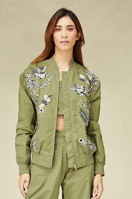 Shop_Betrue_Green Cotton Embroidery Round Neck Khaki Everyday Jacket _Online_at_Aza_Fashions