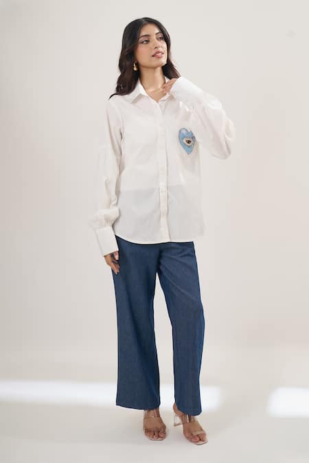 Elarra By Pratyancha_White Poplin Embroidery, Sequins, Beads Collared Heart Motif Shirt _Online_at_Aza_Fashions
