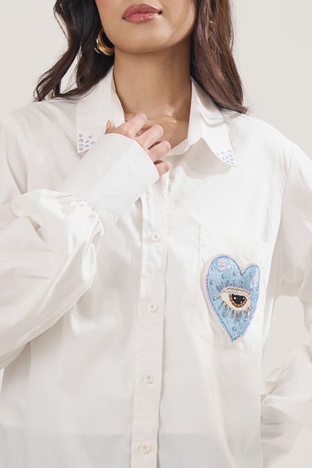 Buy_Elarra By Pratyancha_White Poplin Embroidery, Sequins, Beads Collared Heart Motif Shirt _Online_at_Aza_Fashions