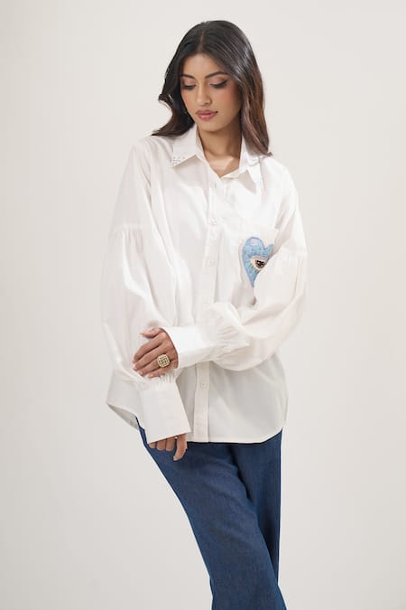 Shop_Elarra By Pratyancha_White Poplin Embroidery, Sequins, Beads Collared Heart Motif Shirt _Online_at_Aza_Fashions