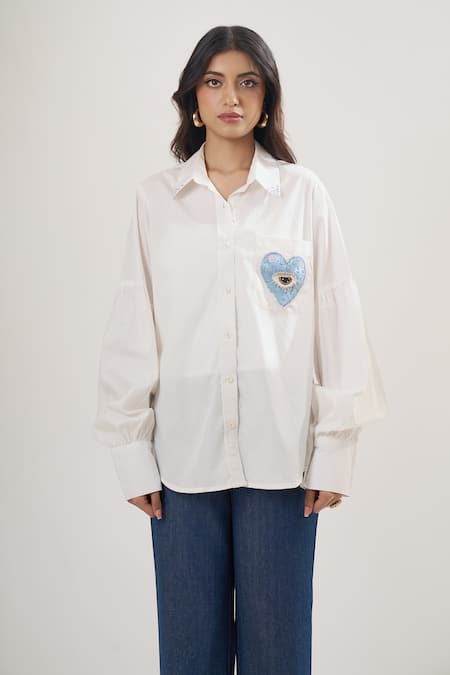 Buy_Elarra By Pratyancha_White Poplin Embroidery, Sequins, Beads Collared Heart Motif Shirt 