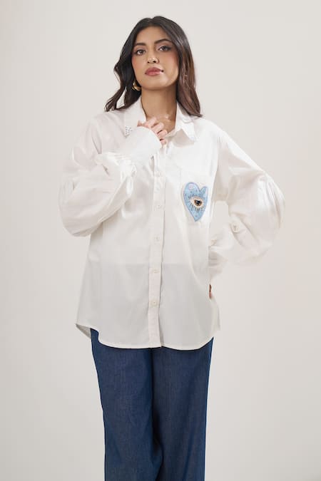 Shop_Elarra By Pratyancha_White Poplin Embroidery, Sequins, Beads Collared Heart Motif Shirt 