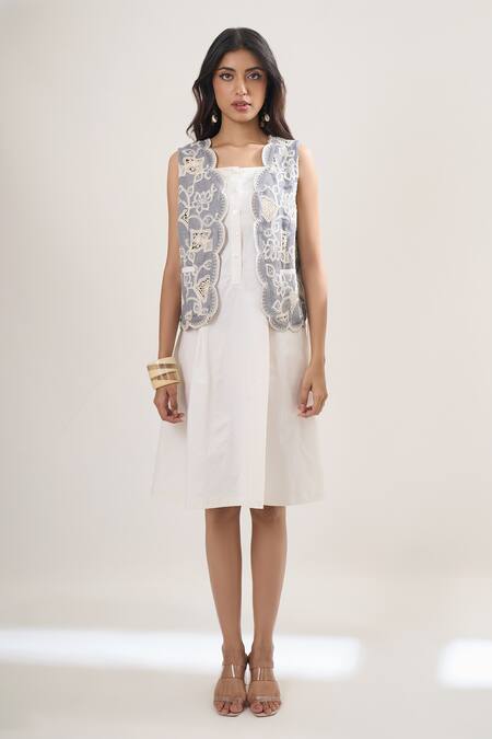 Elarra By Pratyancha White Lycra Lace Square Neck, Crochet Waistcoat And Midi Dress Set Online at Aza Fashions Elarra By Pratyancha_White Lycra Lace Square Neck, Crochet Waistcoat And Midi Dress Set _Online_at_Aza_Fashions