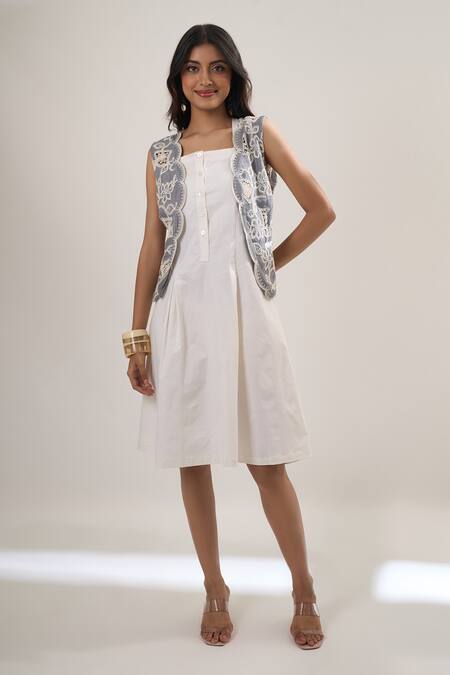 Buy Elarra By Pratyancha White Lycra Lace Square Neck, Crochet Waistcoat And Midi Dress Set Online at Aza Fashions Buy_Elarra By Pratyancha_White Lycra Lace Square Neck, Crochet Waistcoat And Midi Dress Set _Online_at_Aza_Fashions