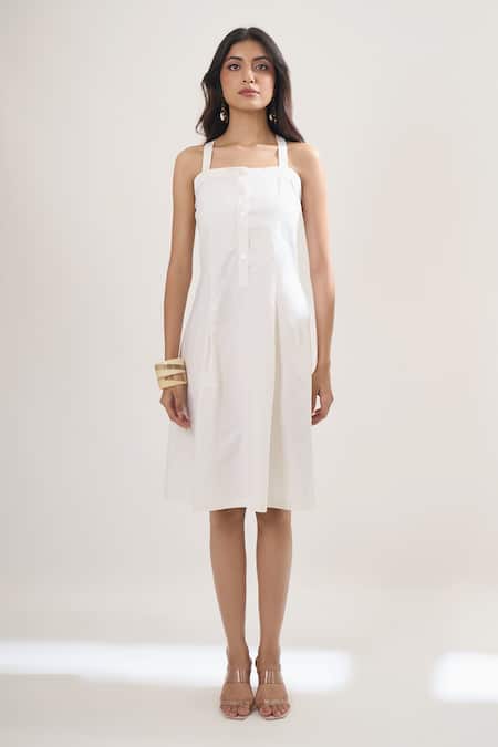 Elarra By Pratyancha White Lycra Lace Square Neck, Crochet Waistcoat And Midi Dress Set at Aza Fashions Elarra By Pratyancha_White Lycra Lace Square Neck, Crochet Waistcoat And Midi Dress Set _at_Aza_Fashions