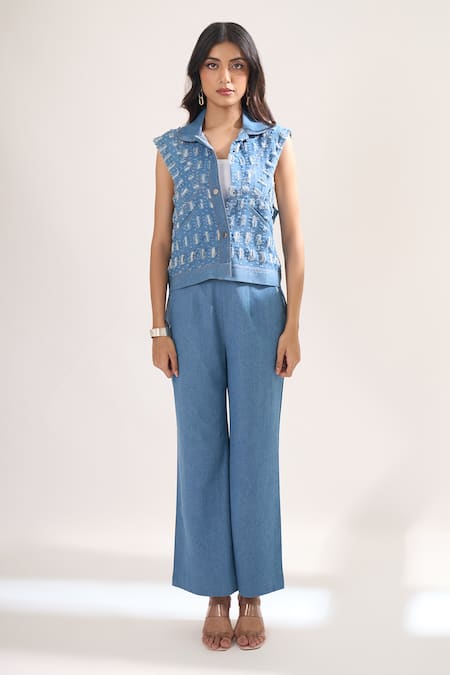 Buy_Elarra By Pratyancha_Blue Denim Collared, V-neck Rugged Waistcoat And Pant Set _Online_at_Aza_Fashions