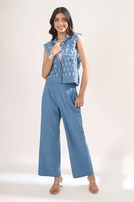 Shop_Elarra By Pratyancha_Blue Denim Collared, V-neck Rugged Waistcoat And Pant Set _Online_at_Aza_Fashions