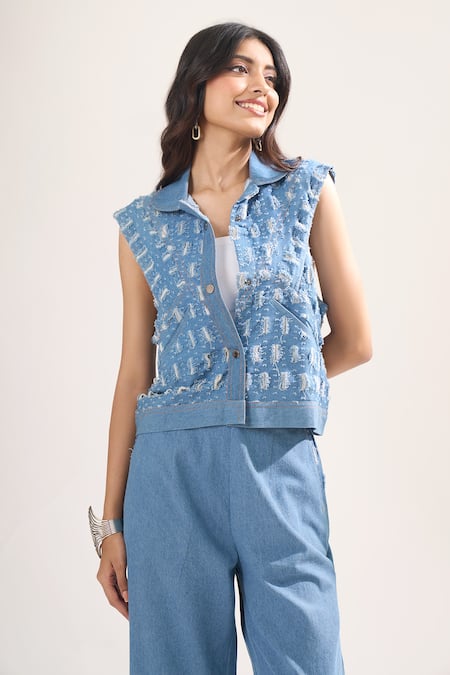 Elarra By Pratyancha_Blue Denim Collared, V-neck Rugged Waistcoat And Pant Set _at_Aza_Fashions
