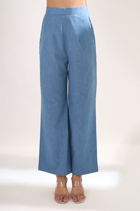 Buy_Elarra By Pratyancha_Blue Denim Collared, V-neck Rugged Waistcoat And Pant Set 