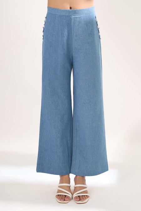 Elarra By Pratyancha_Blue Denim Collared, V-neck Rugged Checkered Waistcoat And Pant Set _Online_at_Aza_Fashions