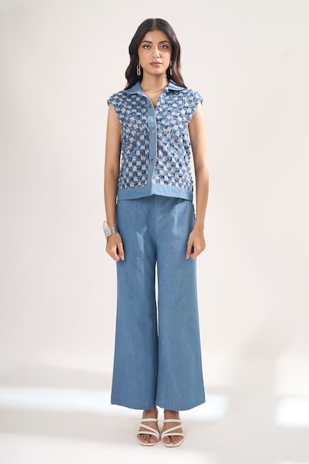 Buy_Elarra By Pratyancha_Blue Denim Collared, V-neck Rugged Checkered Waistcoat And Pant Set _Online_at_Aza_Fashions