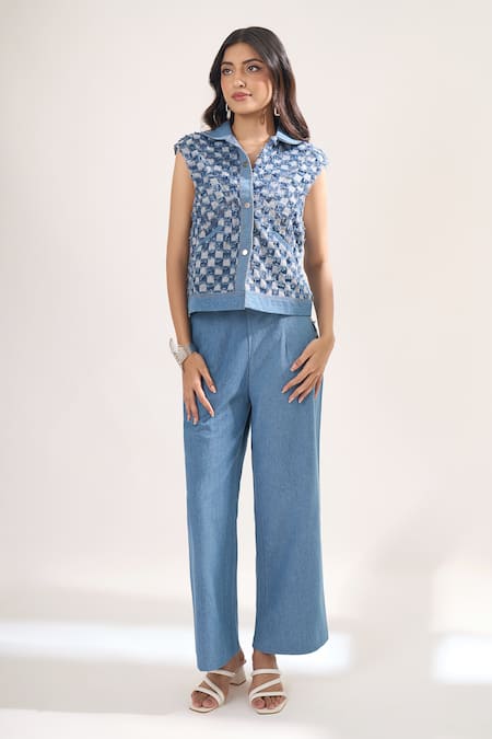 Elarra By Pratyancha_Blue Denim Collared, V-neck Rugged Checkered Waistcoat And Pant Set _at_Aza_Fashions