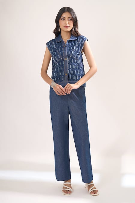Elarra By Pratyancha Rugged Denim Waistcoat & Pant Set 
