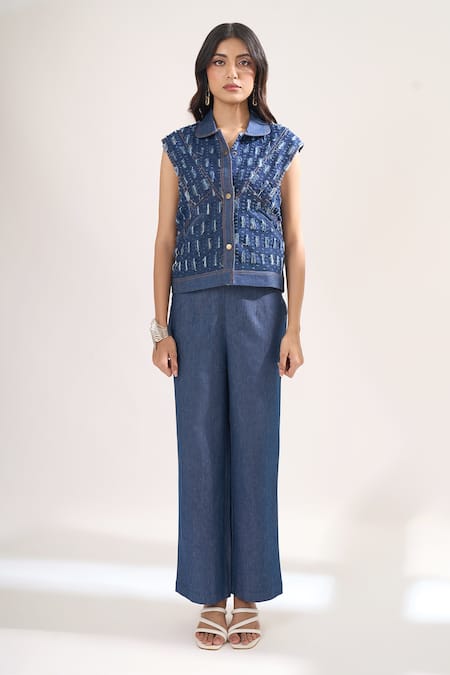 Elarra By Pratyancha_Teal Denim Collared, V-neck Rugged Waistcoat And Pant Set _Online_at_Aza_Fashions