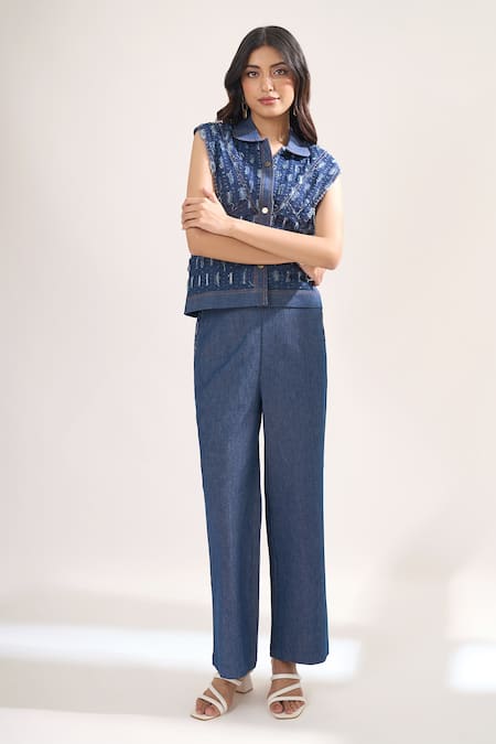 Buy_Elarra By Pratyancha_Teal Denim Collared, V-neck Rugged Waistcoat And Pant Set _Online_at_Aza_Fashions