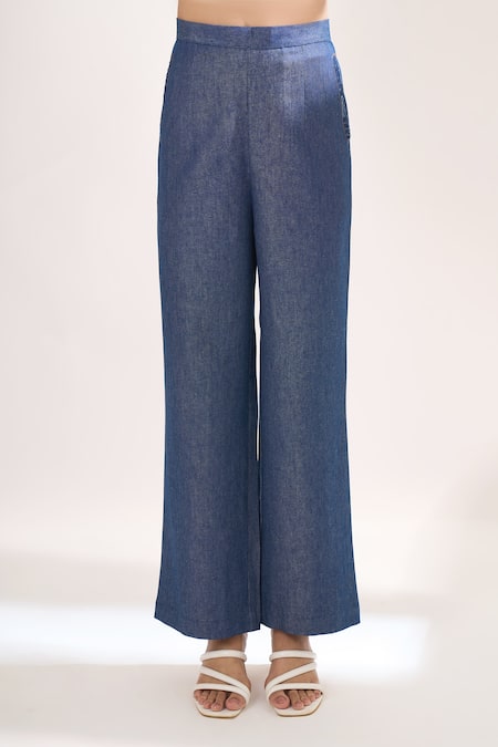 Shop_Elarra By Pratyancha_Teal Denim Collared, V-neck Rugged Waistcoat And Pant Set _Online_at_Aza_Fashions