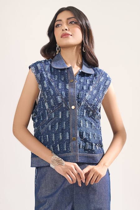 Elarra By Pratyancha_Teal Denim Collared, V-neck Rugged Waistcoat And Pant Set _at_Aza_Fashions