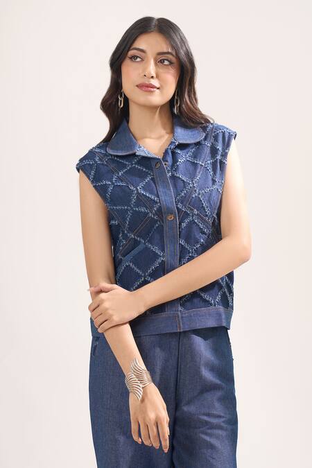 Elarra By Pratyancha_Blue Denim Embroidery Collared, V-neck Criss Cross Rugged Waistcoat And Pant Set _Online_at_Aza_Fashions