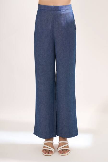 Buy_Elarra By Pratyancha_Blue Denim Embroidery Collared, V-neck Criss Cross Rugged Waistcoat And Pant Set _Online_at_Aza_Fashions