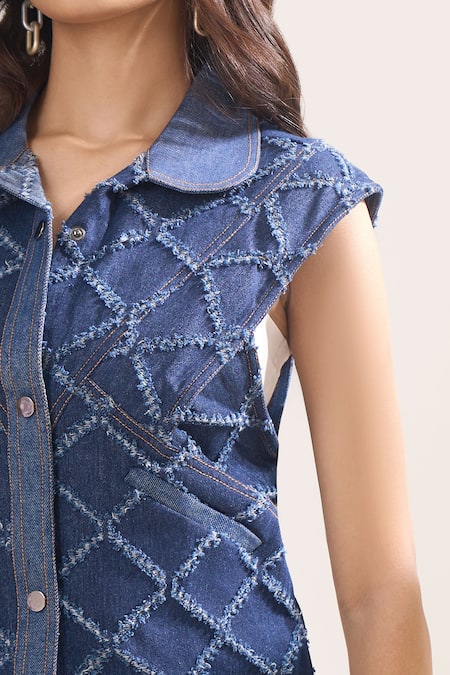 Shop_Elarra By Pratyancha_Blue Denim Embroidery Collared, V-neck Criss Cross Rugged Waistcoat And Pant Set _Online_at_Aza_Fashions