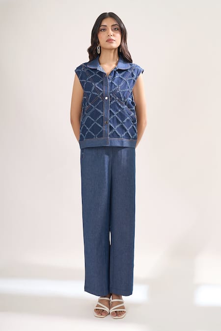 Elarra By Pratyancha_Blue Denim Embroidery Collared, V-neck Criss Cross Rugged Waistcoat And Pant Set _at_Aza_Fashions