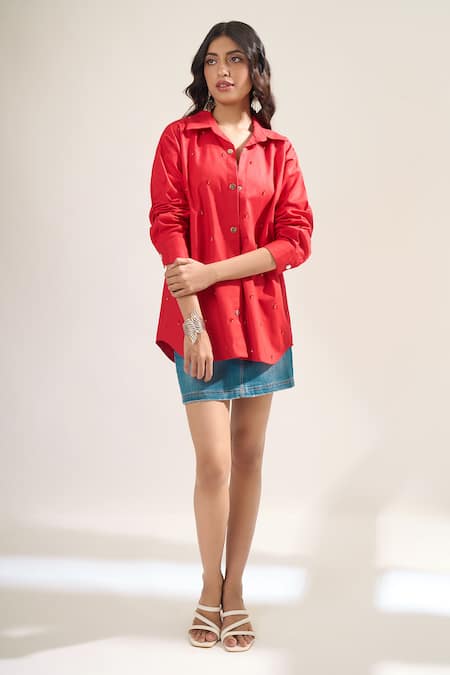 Elarra By Pratyancha Red Denim Beads Collared, V-neck Embellished Full Sleeve Shirt Online at Aza Fashions Elarra By Pratyancha_Red Denim Beads Collared, V-neck Embellished Full Sleeve Shirt _Online_at_Aza_Fashions