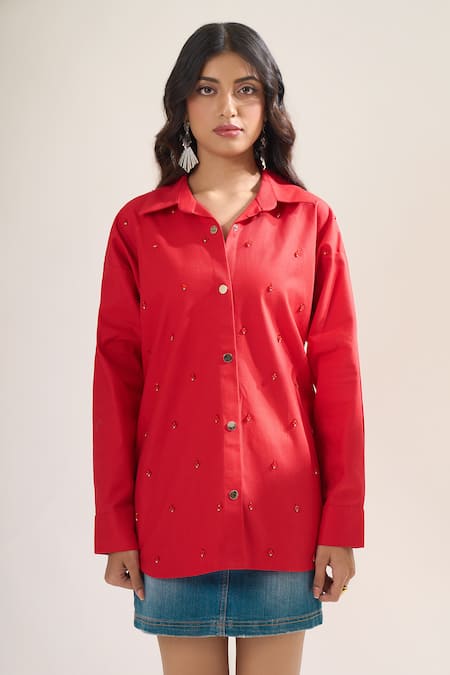 Buy Elarra By Pratyancha Red Denim Beads Collared, V-neck Embellished Full Sleeve Shirt Online at Aza Fashions Buy_Elarra By Pratyancha_Red Denim Beads Collared, V-neck Embellished Full Sleeve Shirt _Online_at_Aza_Fashions