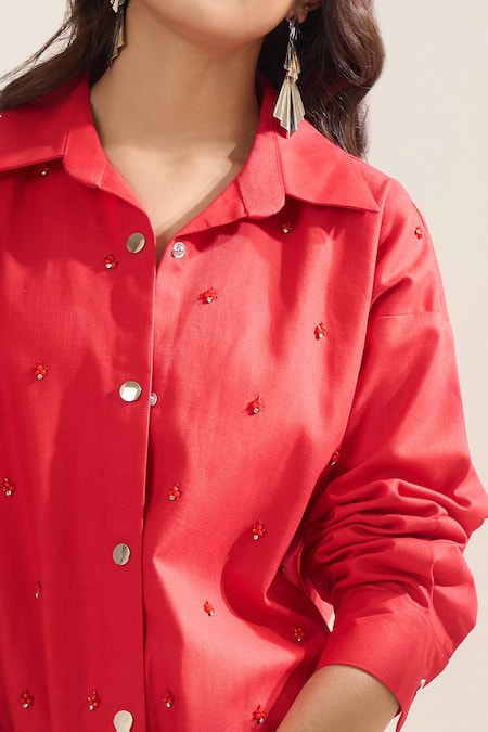 Elarra By Pratyancha Red Denim Beads Collared, V-neck Embellished Full Sleeve Shirt at Aza Fashions Elarra By Pratyancha_Red Denim Beads Collared, V-neck Embellished Full Sleeve Shirt _at_Aza_Fashions