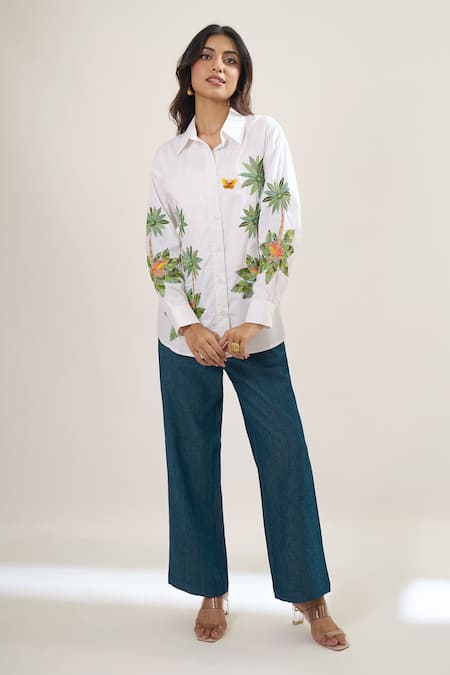 Elarra By Pratyancha_White Poplin Embroidery, Sequins, Applique Collared Palm Tree And Butterfly Shirt _Online_at_Aza_Fashions