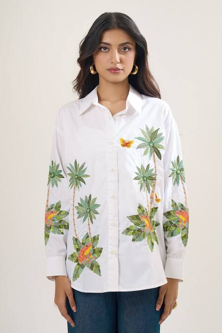 Buy_Elarra By Pratyancha_White Poplin Embroidery, Sequins, Applique Collared Palm Tree And Butterfly Shirt _Online_at_Aza_Fashions