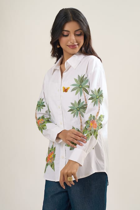Shop_Elarra By Pratyancha_White Poplin Embroidery, Sequins, Applique Collared Palm Tree And Butterfly Shirt _Online_at_Aza_Fashions